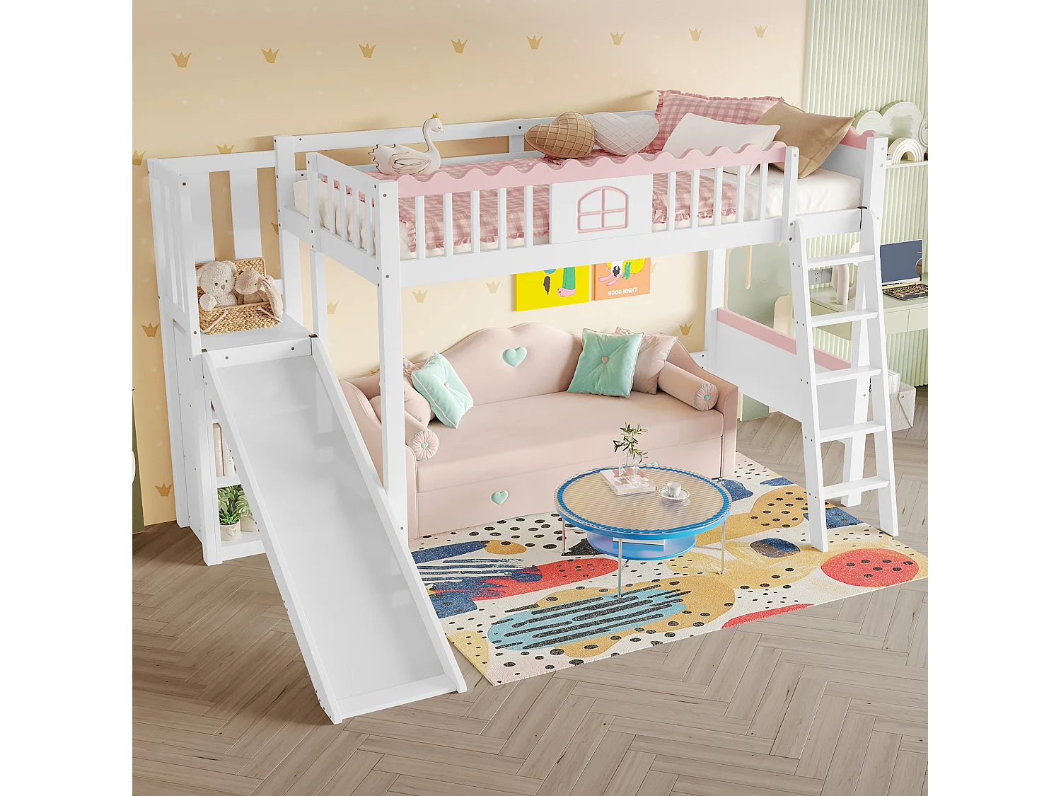 Letto a soppalco per bambini - 90 x 200 cm - con contenitore e scivolo - LED - legno di pino - bianco