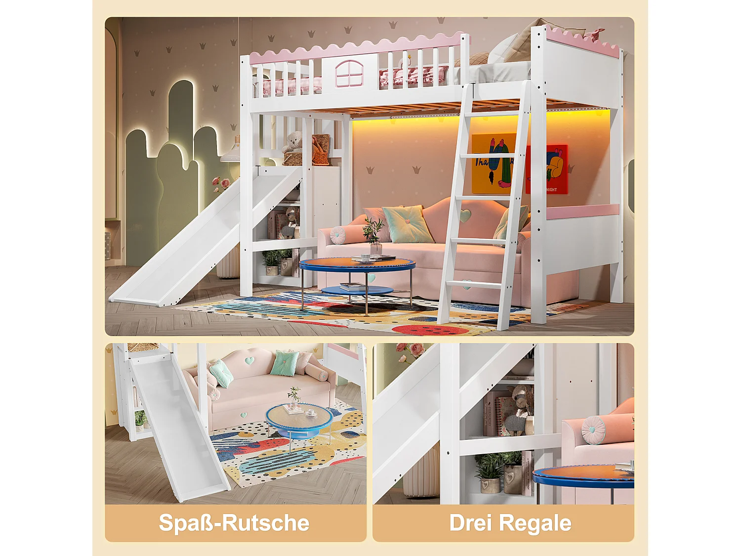 Letto a soppalco per bambini - 90 x 200 cm - con contenitore e scivolo - LED - legno di pino - bianco