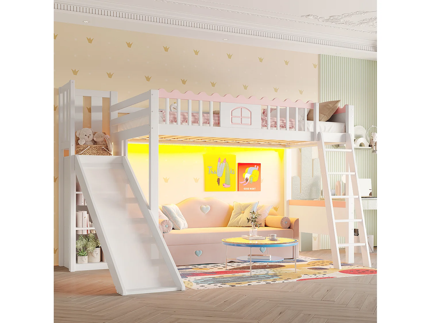 Letto a soppalco per bambini - 90 x 200 cm - con contenitore e scivolo - LED - legno di pino - bianco