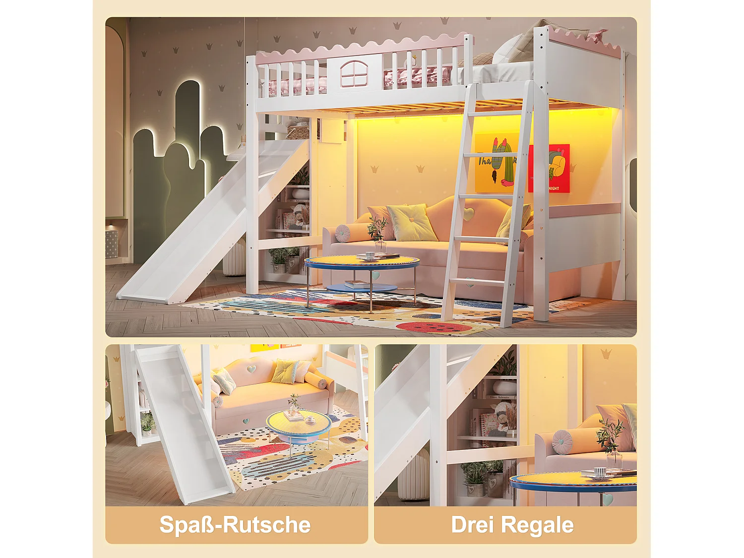 Letto a soppalco per bambini - 90 x 200 cm - con contenitore e scivolo - LED - legno di pino - bianco