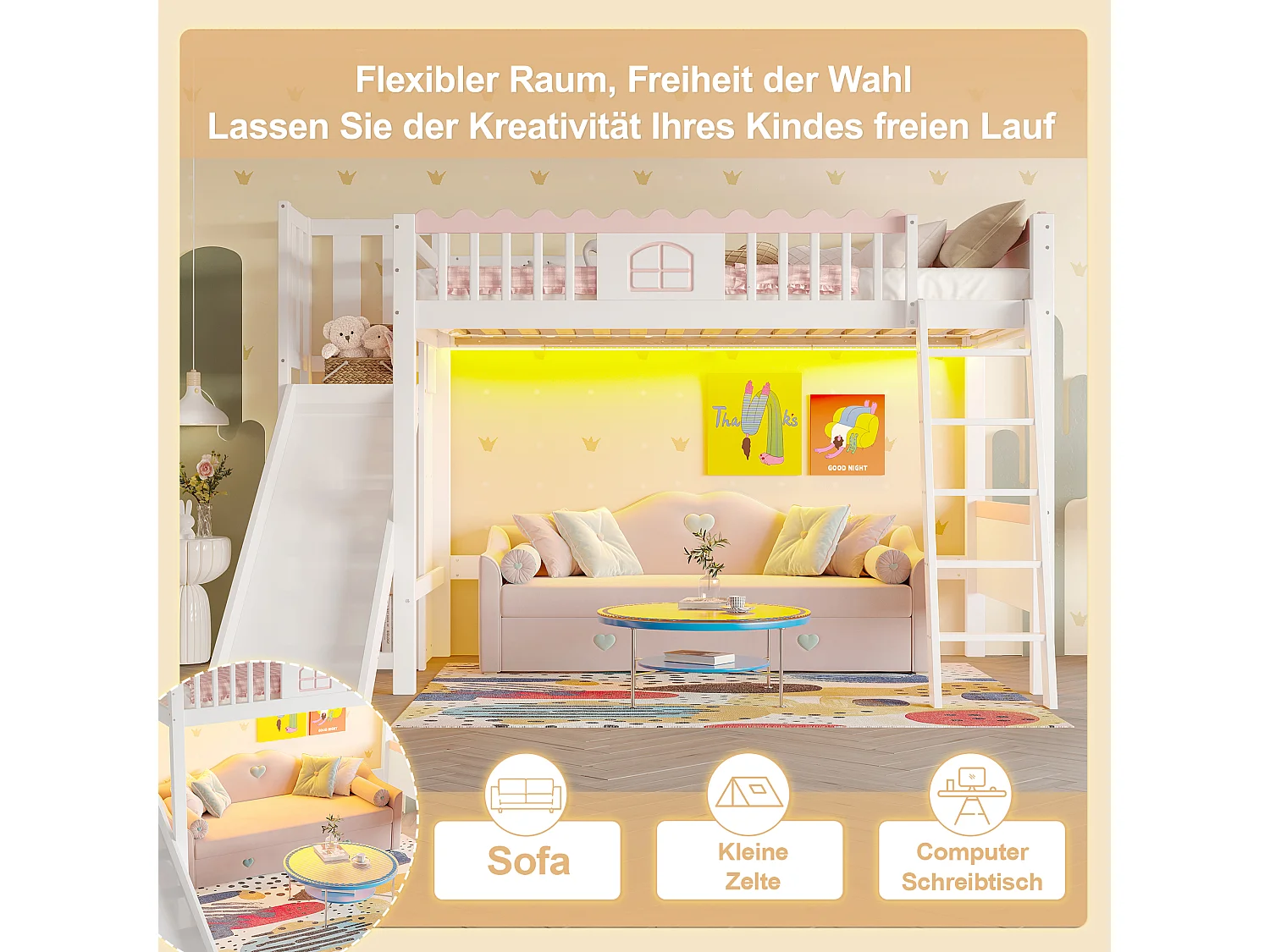 Letto a soppalco per bambini - 90 x 200 cm - con contenitore e scivolo - LED - legno di pino - bianco