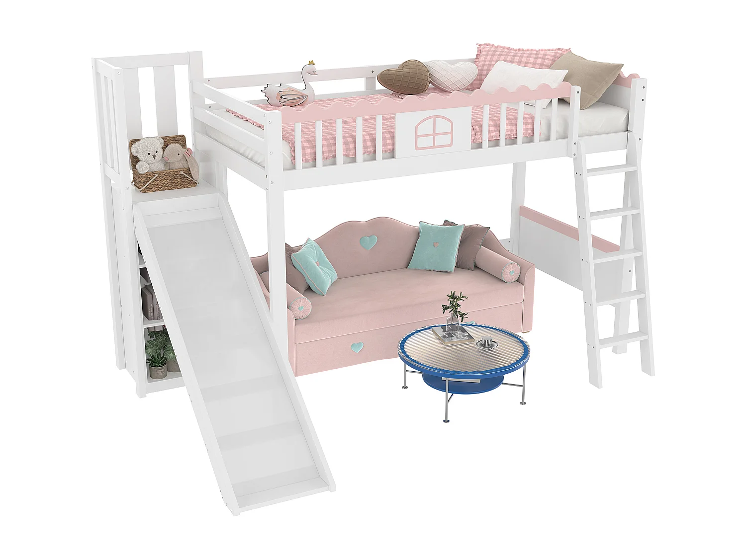 Letto a soppalco per bambini - 90 x 200 cm - con contenitore e scivolo - LED - legno di pino - bianco