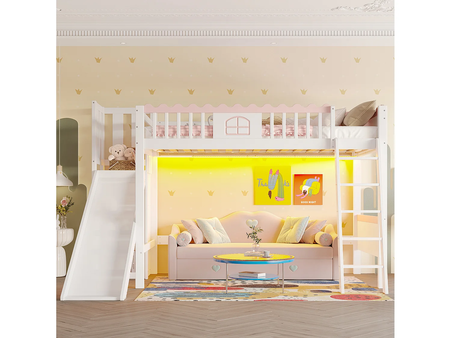 Lit mezzanine pour enfant - 90 x 200 cm - avec rangement et toboggan - Leds - bois de pin - blanc