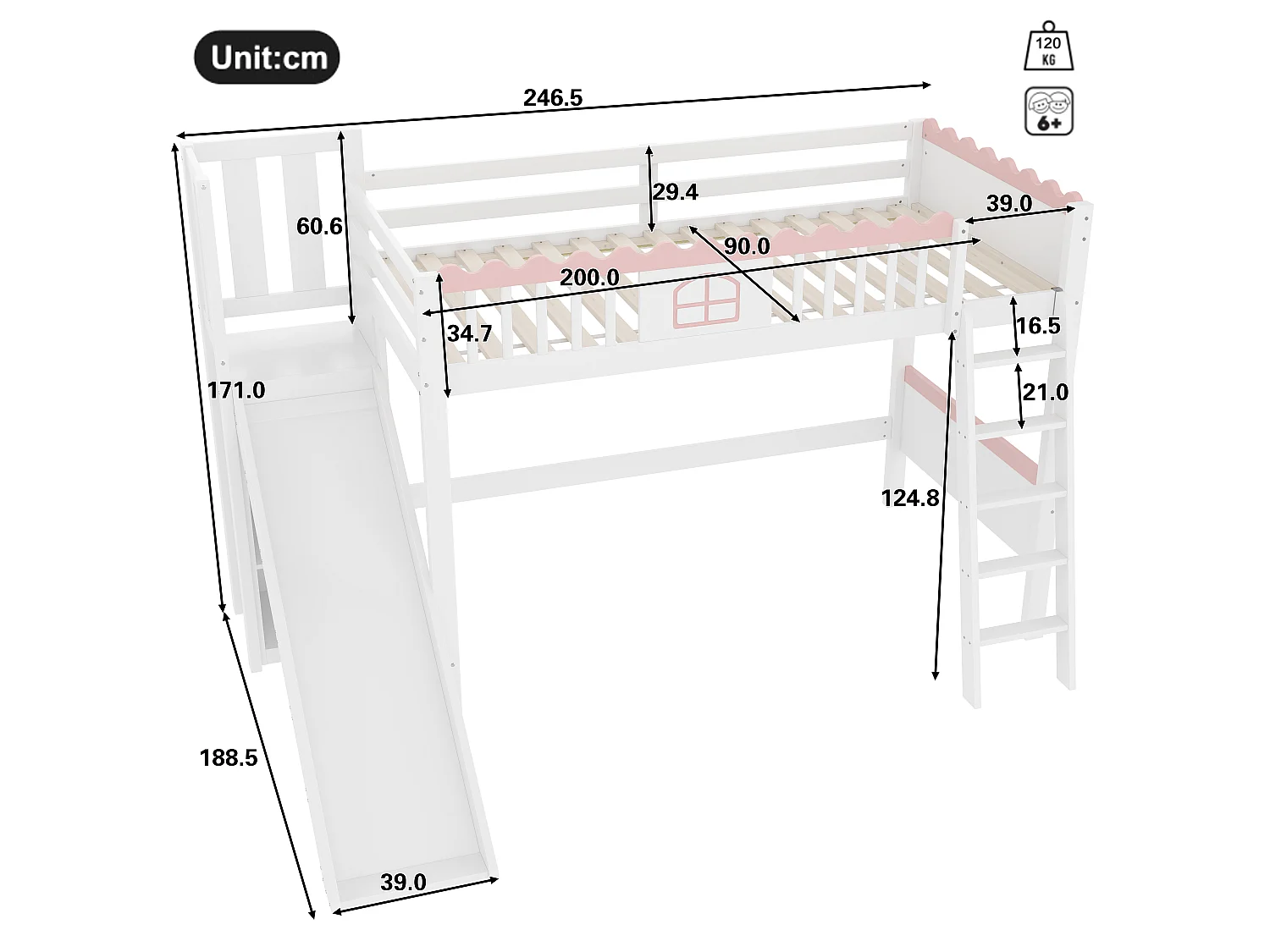 Lit mezzanine pour enfant - 90 x 200 cm - avec rangement et toboggan - Leds - bois de pin - blanc
