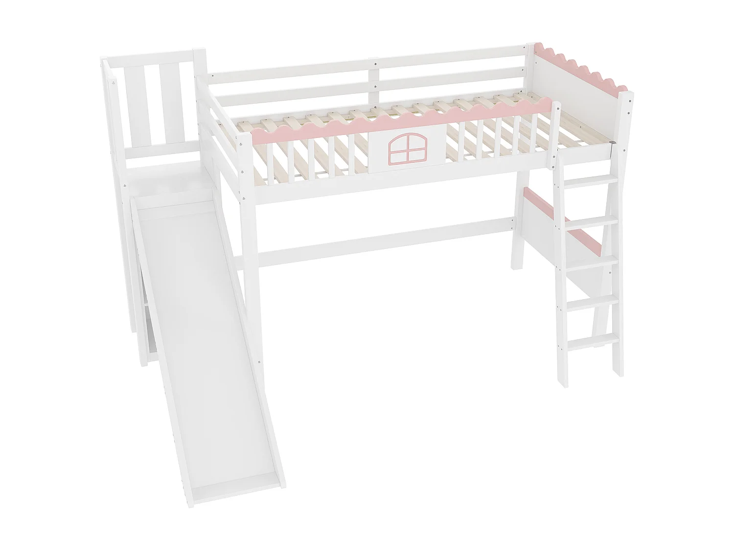 Lit mezzanine pour enfant - 90 x 200 cm - avec rangement et toboggan - Leds - bois de pin - blanc