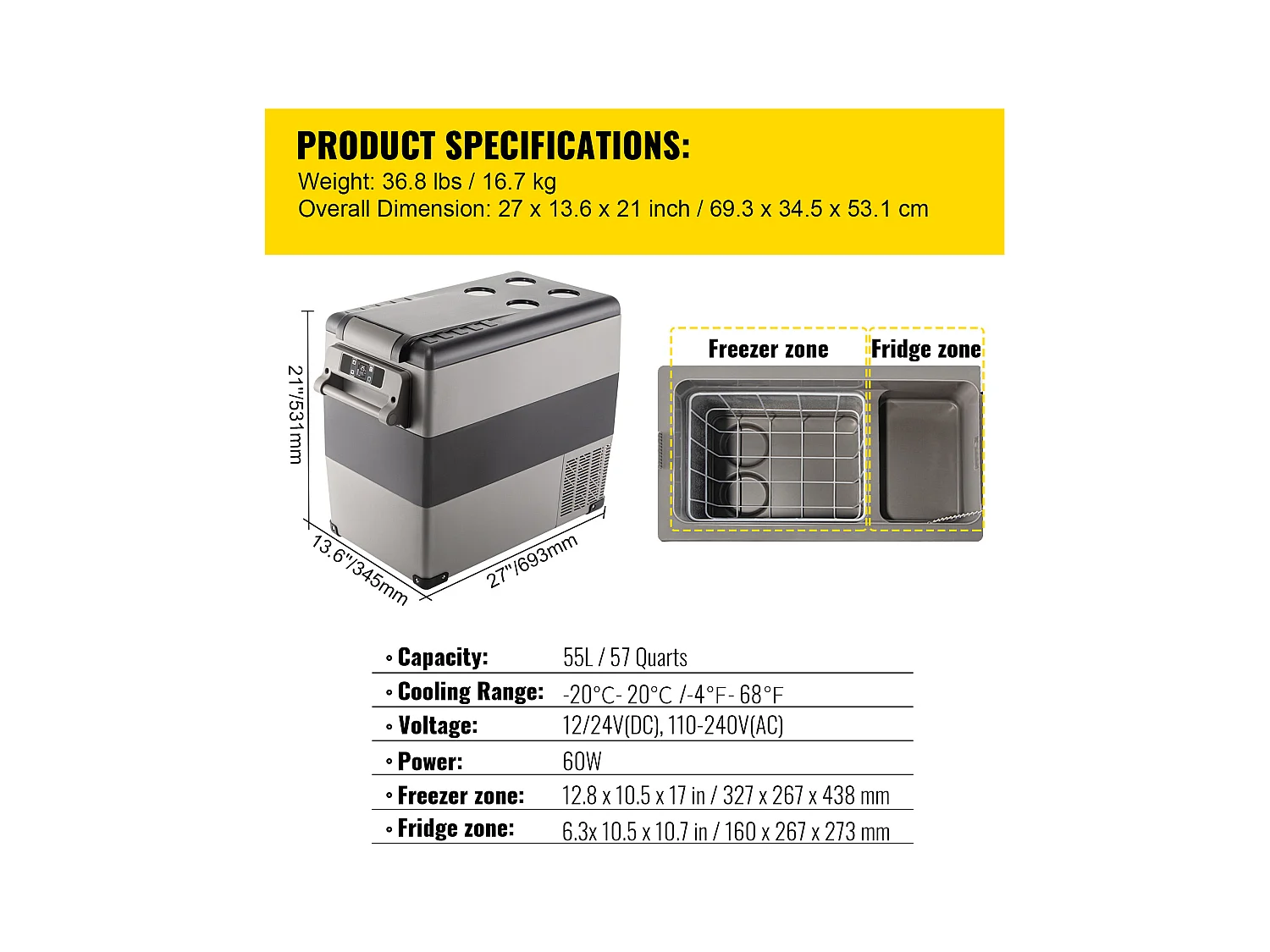 Réfrigérateur de Voiture Portable SucceBuy 55L, avec Compresseur LG, Congélateur Compact pour la maison et les Voyages, 220V, Argent