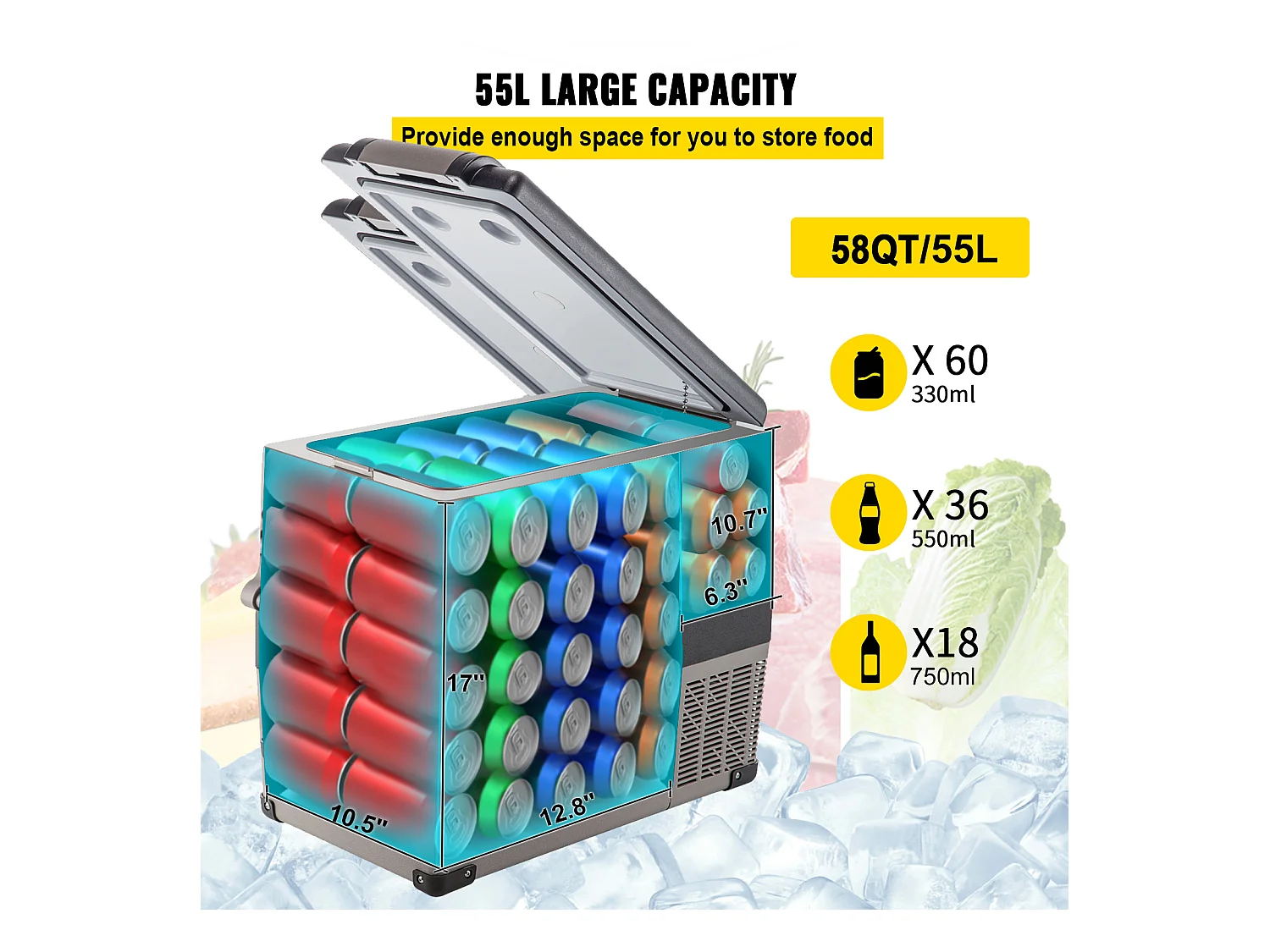 Réfrigérateur de Voiture Portable SucceBuy 55L, avec Compresseur LG, Congélateur Compact pour la maison et les Voyages, 220V, Argent