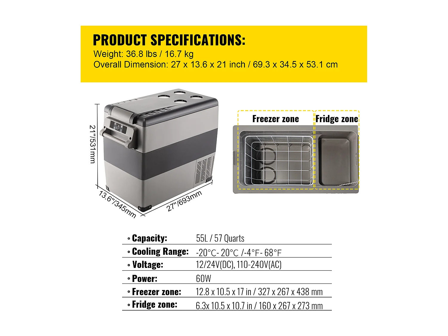 Réfrigérateur de Voiture Portable SucceBuy 55L, avec Compresseur LG, Congélateur Compact pour la maison et les Voyages, 220V, Argent