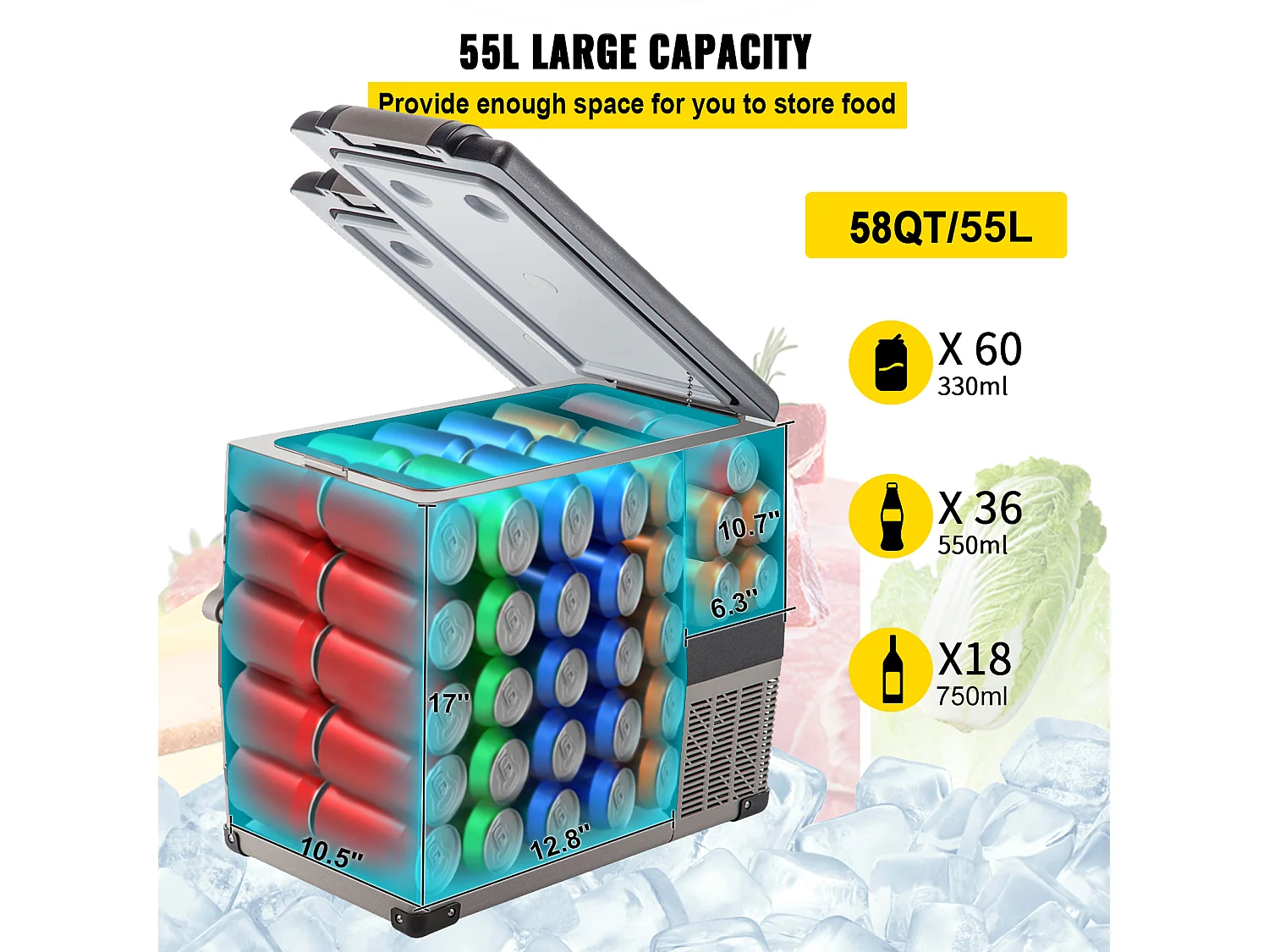 Réfrigérateur de Voiture Portable SucceBuy 55L, avec Compresseur LG, Congélateur Compact pour la maison et les Voyages, 220V, Argent