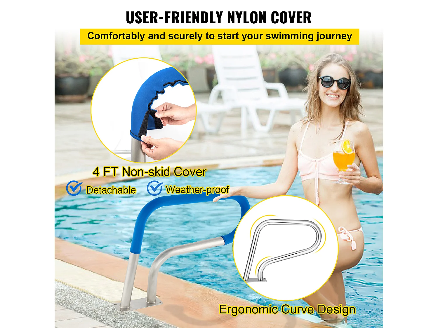 Rampa Basenowa SucceBuy 30 x 22 Cale Poręcz Basenowa ze Stali Nierdzewnej z Powłoką Antypoślizgową