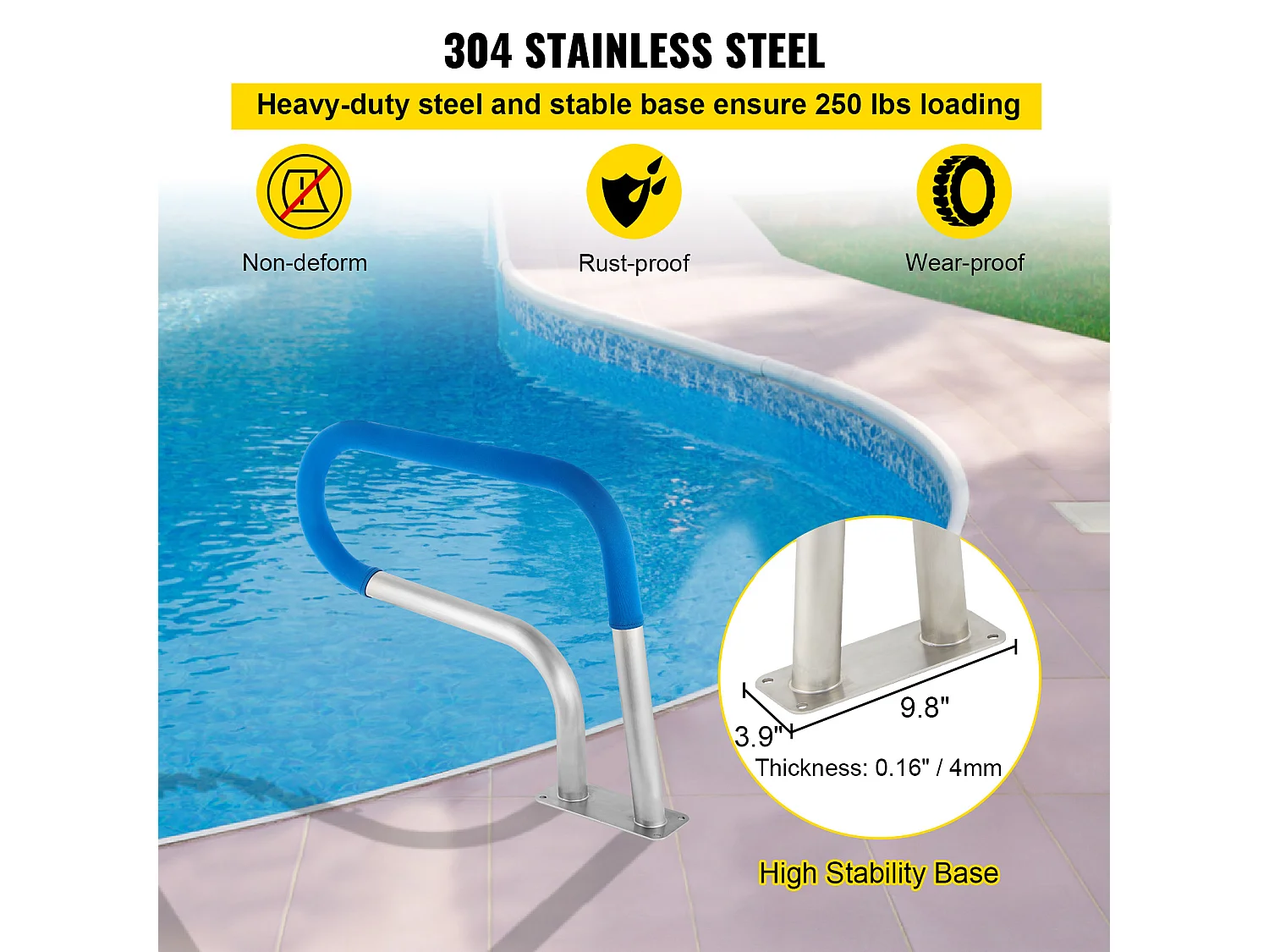 Rampa Basenowa SucceBuy 30 x 22 Cale Poręcz Basenowa ze Stali Nierdzewnej z Powłoką Antypoślizgową
