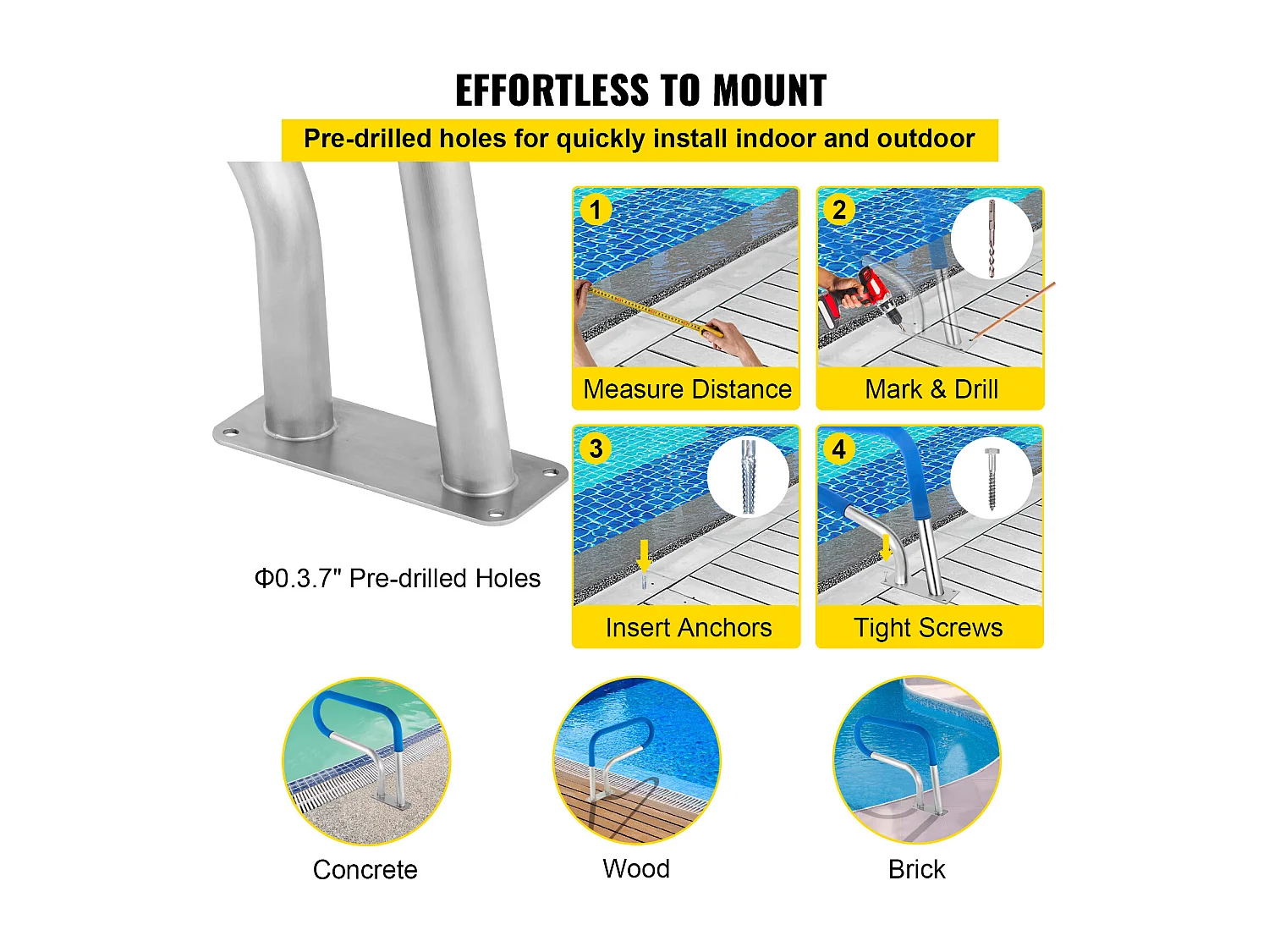 Rampa Basenowa SucceBuy 30 x 22 Cale Poręcz Basenowa ze Stali Nierdzewnej z Powłoką Antypoślizgową