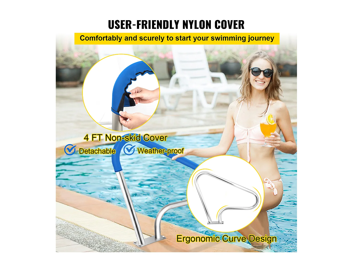 Rampe de Piscine SucceBuy Pool Rail 39x32 » Garde-corps de Piscine en Acier Inoxydable avec Couverture Grip