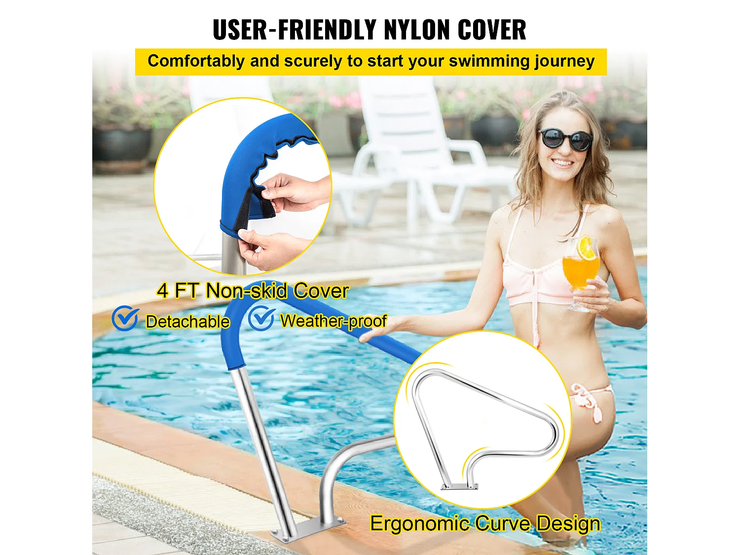Rampe de Piscine SucceBuy Pool Rail 39x32 » Garde-corps de Piscine en Acier Inoxydable avec Couverture Grip