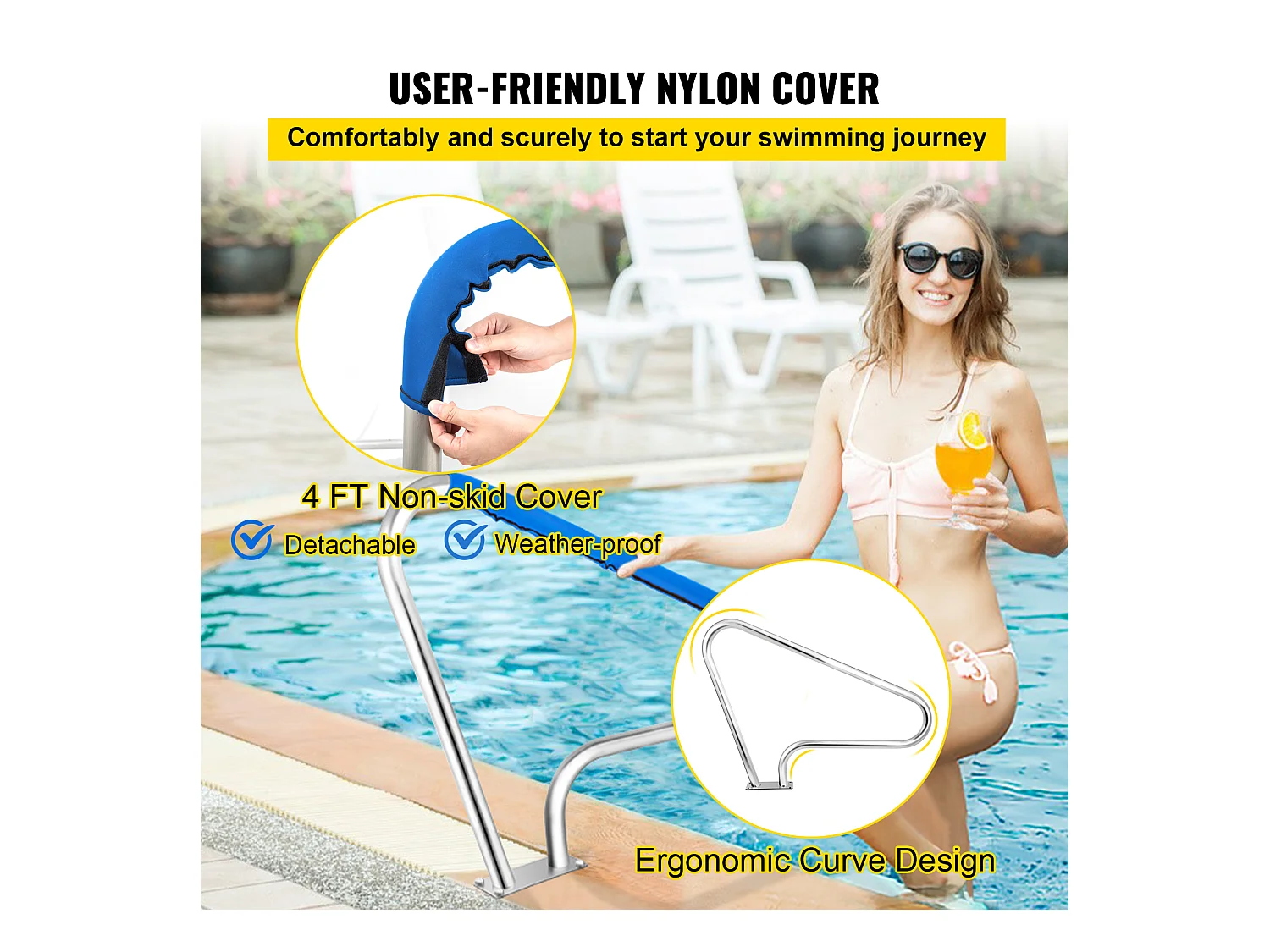 Rampe de Piscine SucceBuy Pool Rail, 48x32" Main Courante en Acier Inoxydable avec Couverture Grip