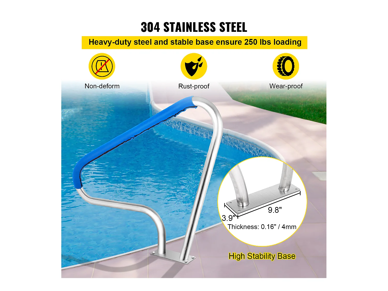 Rampe de Piscine SucceBuy Pool Rail, 48x32" Main Courante en Acier Inoxydable avec Couverture Grip
