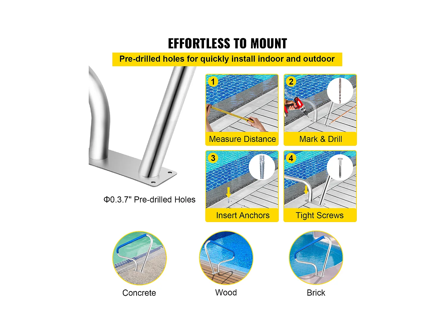 Rampe de Piscine SucceBuy Pool Rail, 48x32" Main Courante en Acier Inoxydable avec Couverture Grip