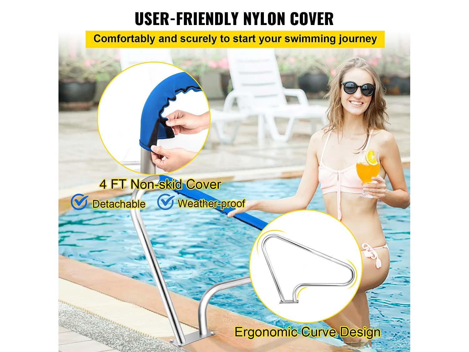 Rampe de Piscine SucceBuy Pool Rail, 48x32" Main Courante en Acier Inoxydable avec Couverture Grip