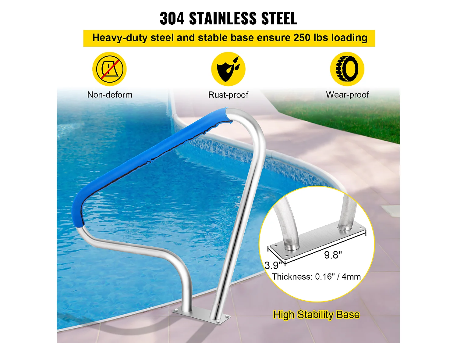 Rampe de Piscine SucceBuy Pool Rail, 48x32" Main Courante en Acier Inoxydable avec Couverture Grip