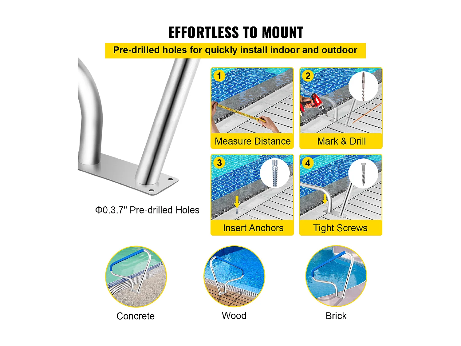 Rampe de Piscine SucceBuy Pool Rail, 48x32" Main Courante en Acier Inoxydable avec Couverture Grip