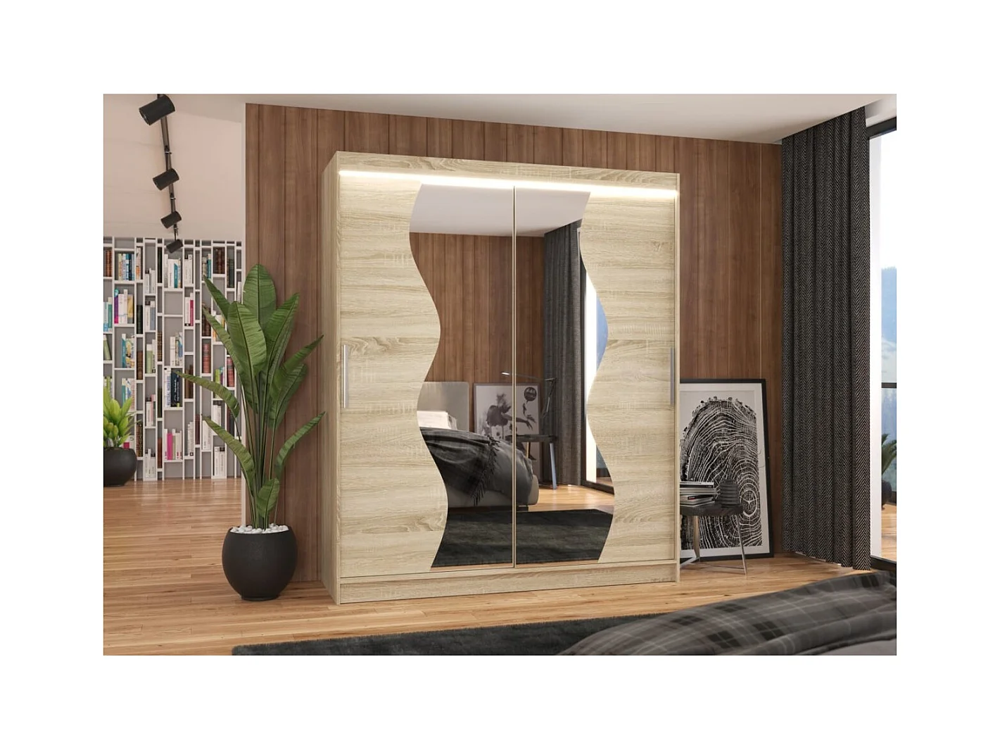 Kleiderschrank Melison Lux (180cm)/Schiebetüren/Spiegel/LED/Sonoma