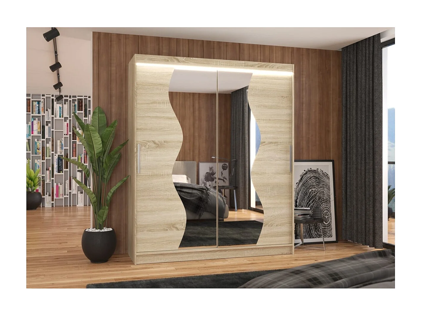 Kleiderschrank Melison Lux (180cm)/Schiebetüren/Spiegel/LED/Sonoma