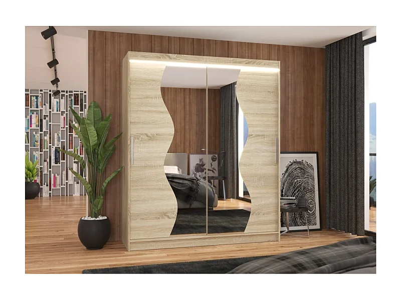 Kleiderschrank Melison Lux (180cm)/Schiebetüren/Spiegel/LED/Sonoma