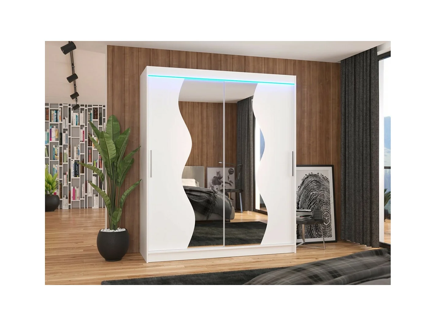Kleiderschrank Melison Lux (180cm)/Schiebetüren/Spiegel/LED/Weiss