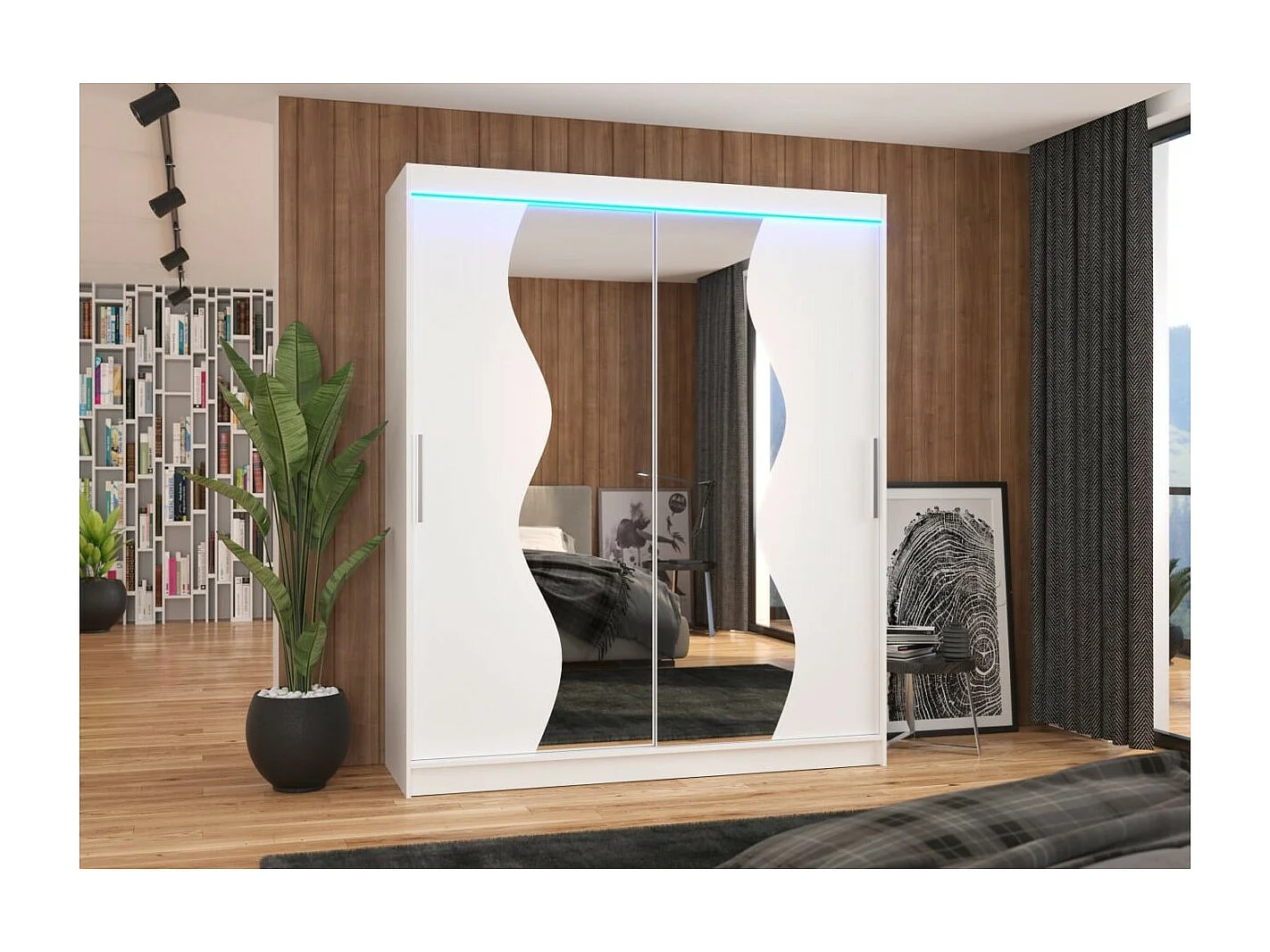 Kleiderschrank Melison Lux (180cm)/Schiebetüren/Spiegel/LED/Weiss