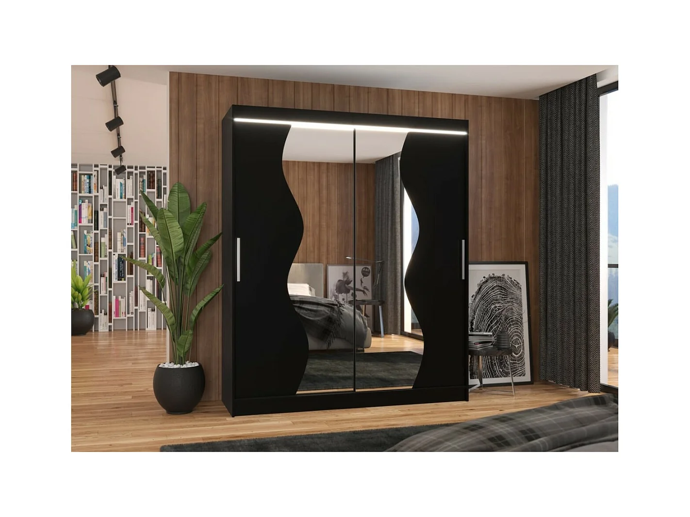 Kleiderschrank Melison Lux (180cm)/Schiebetüren/Spiegel/LED/Schwarz