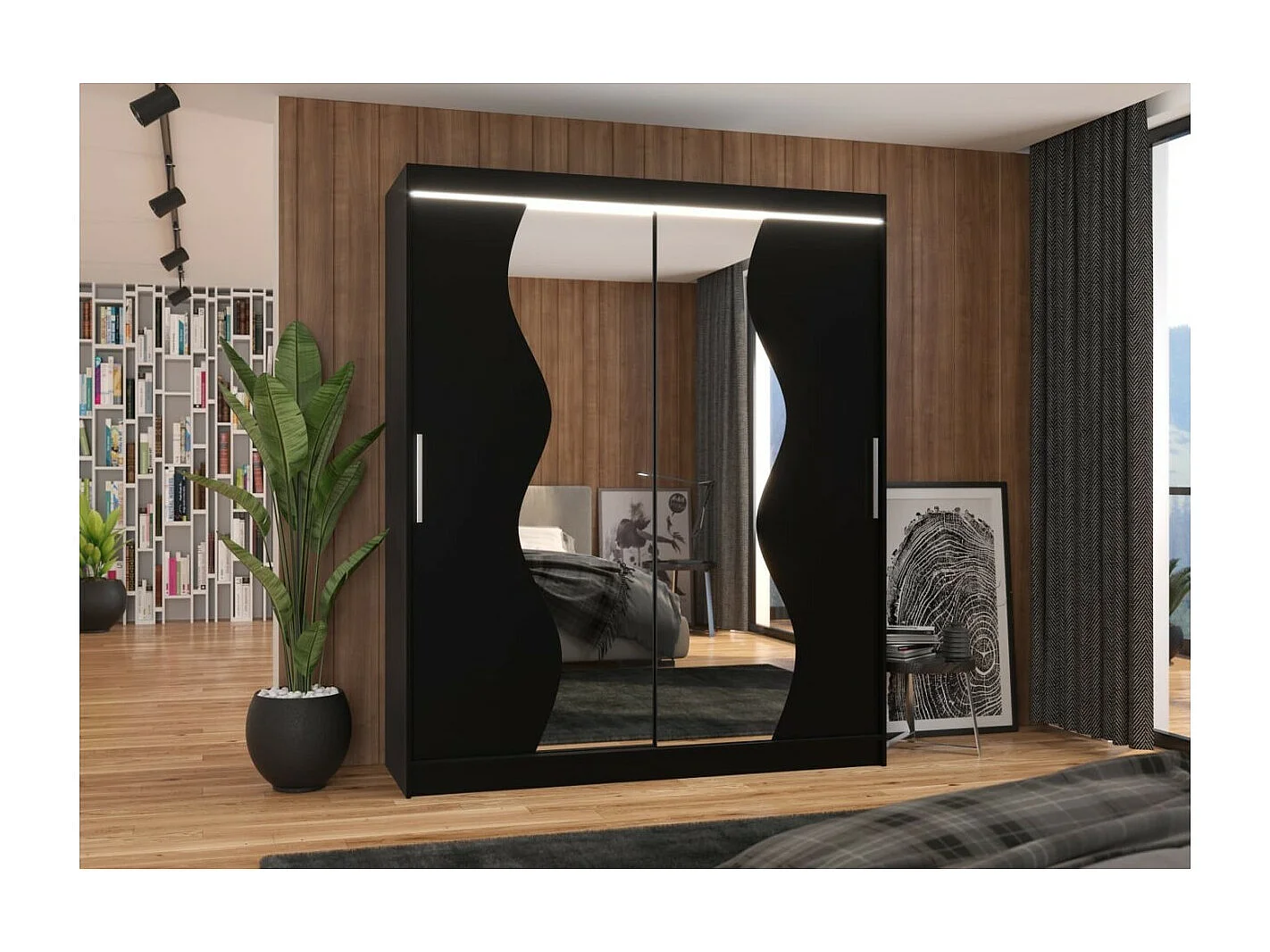 Kleiderschrank Melison Lux (180cm)/Schiebetüren/Spiegel/LED/Schwarz