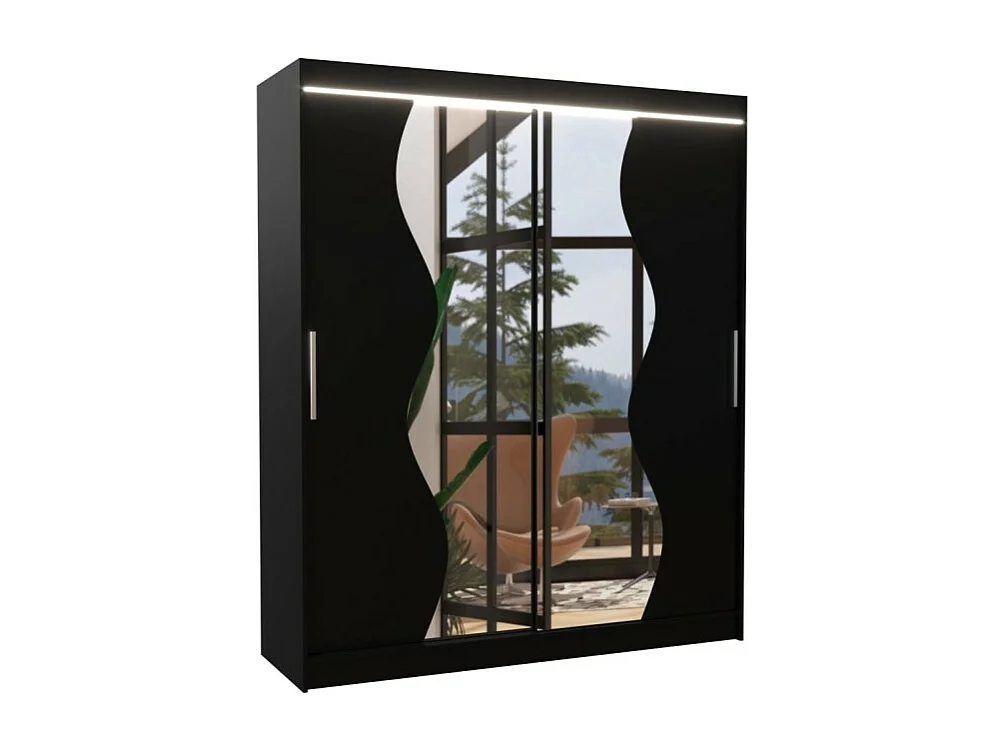 Kleiderschrank Melison Lux (180cm)/Schiebetüren/Spiegel/LED/Schwarz