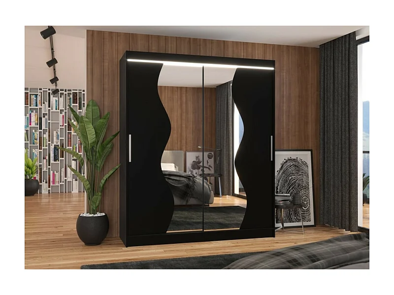 Kleiderschrank Melison Lux (180cm)/Schiebetüren/Spiegel/LED/Schwarz