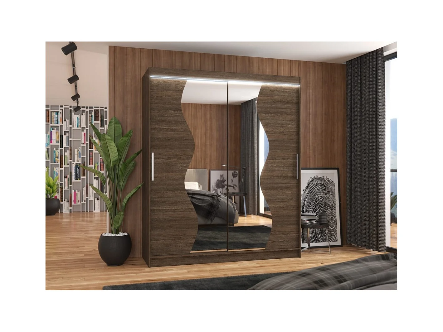 Kleiderschrank Melison Lux (180cm)/Schiebetüren/Spiegel/LED/Braun