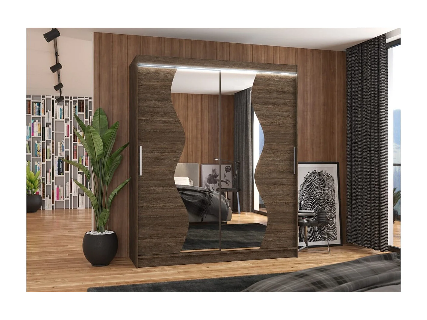 Kleiderschrank Melison Lux (180cm)/Schiebetüren/Spiegel/LED/Braun