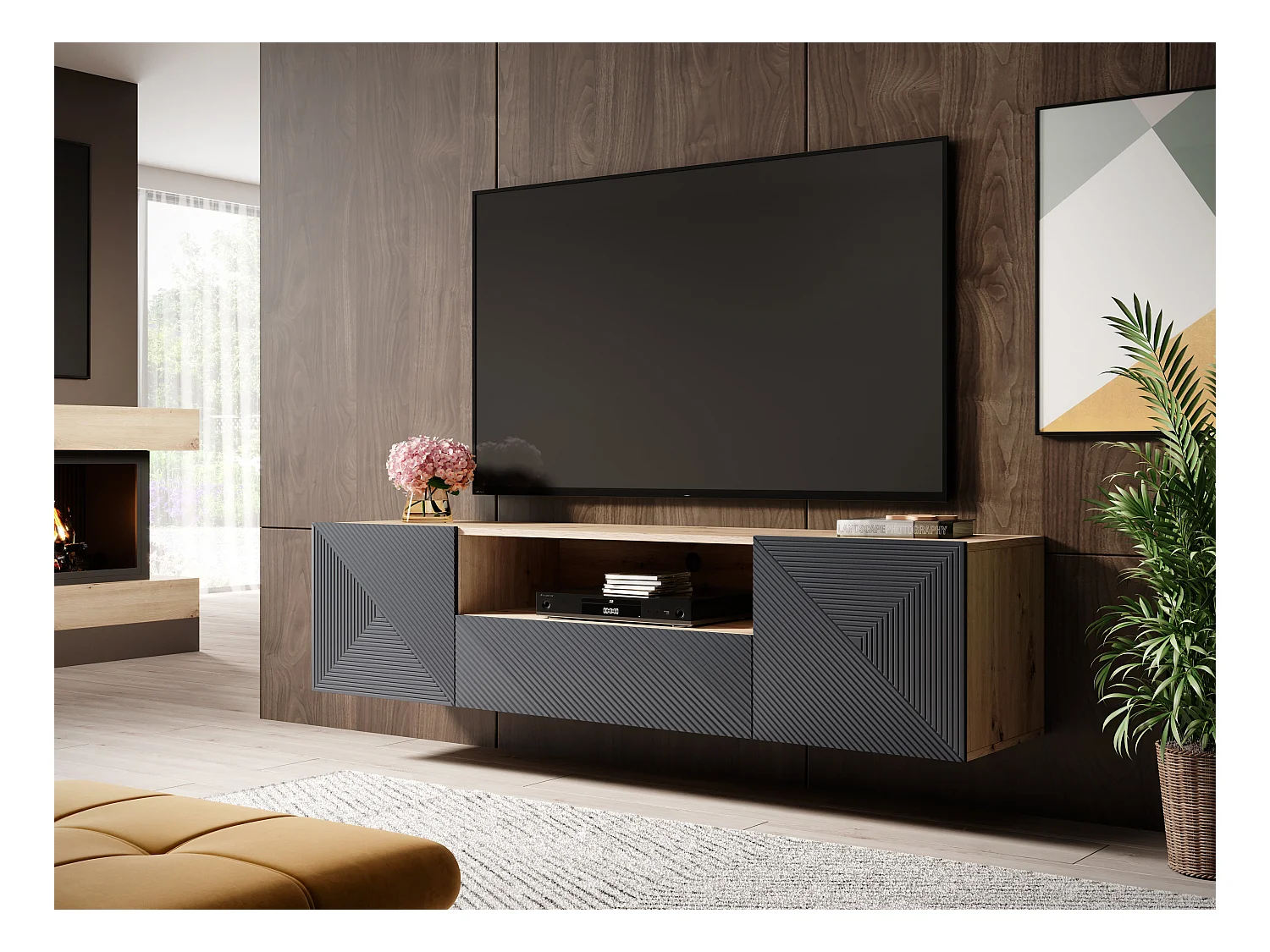 Mueble TV suspendido 2 puertas 1 cajón en madera laminada 167 x 40 cm