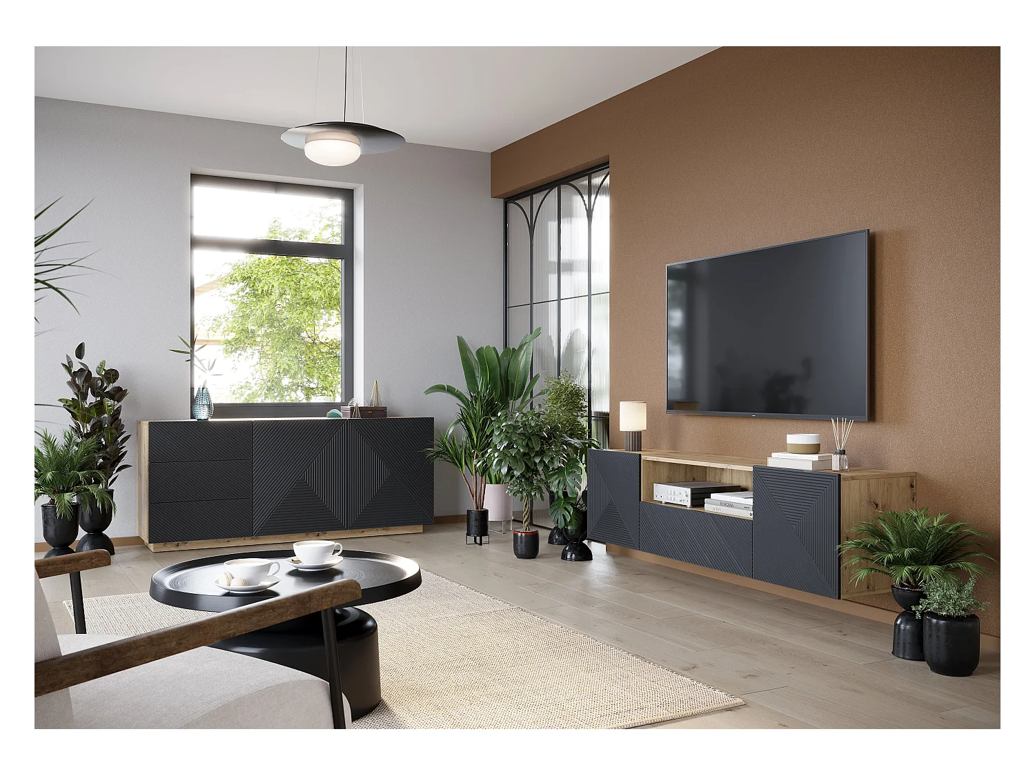 Mueble TV suspendido 2 puertas 1 cajón en madera laminada 167 x 40 cm