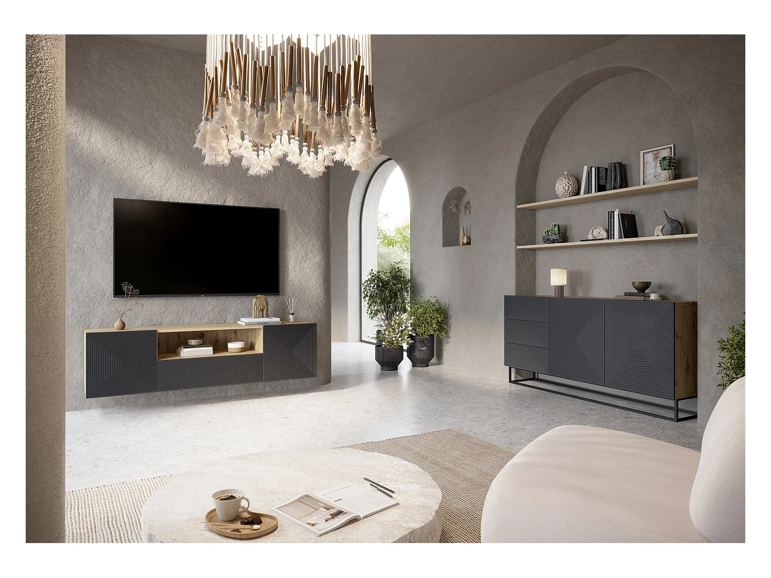 Mueble TV suspendido 2 puertas 1 cajón en madera laminada 167 x 40 cm