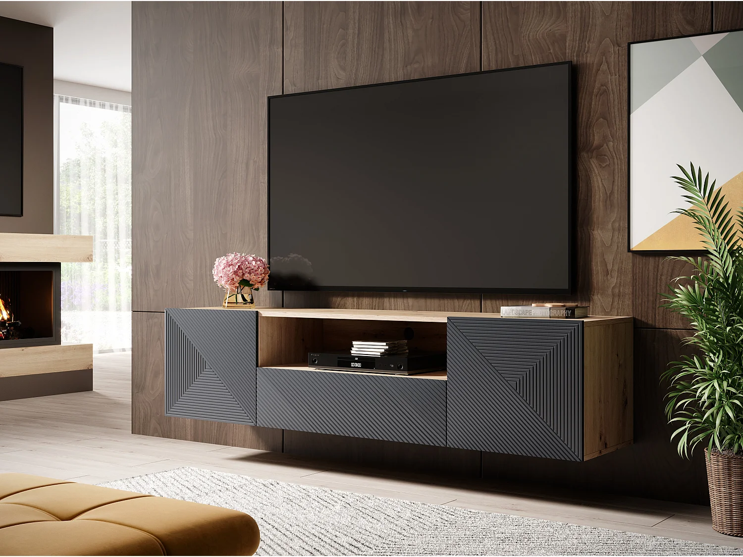 Mobile tv sospeso 2 ante 1 cassetto in legno laminato 167 x 40 cm