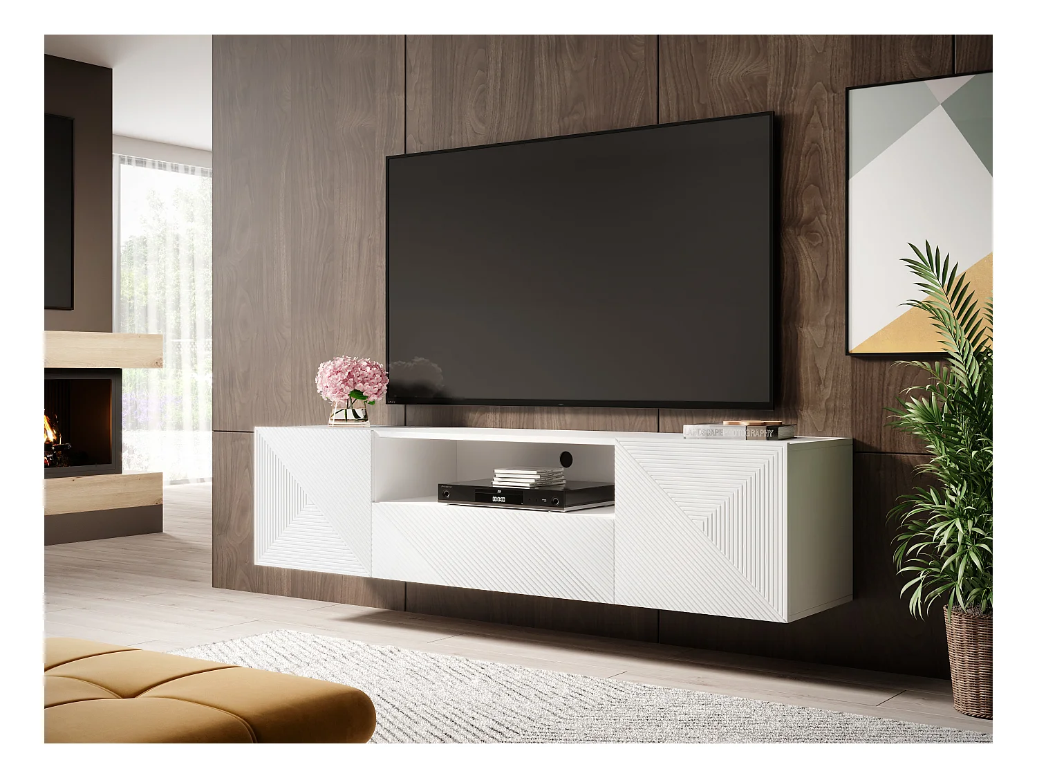 Móvel TV suspenso 2 portas 1 gaveta branca em madeira laminada 167x40cm