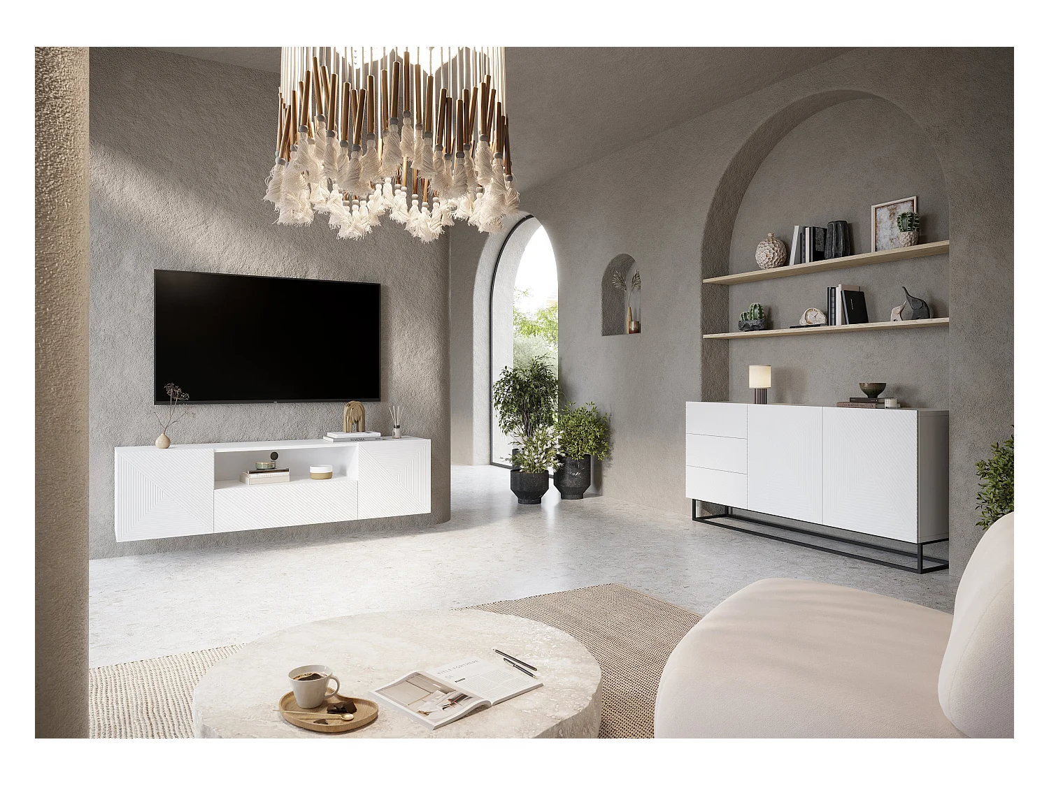 Móvel TV suspenso 2 portas 1 gaveta branca em madeira laminada 167x40cm