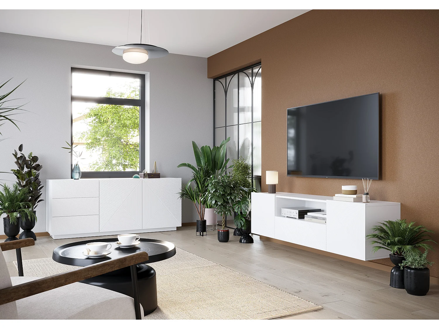 Móvel TV suspenso 2 portas 1 gaveta branca em madeira laminada 167x40cm