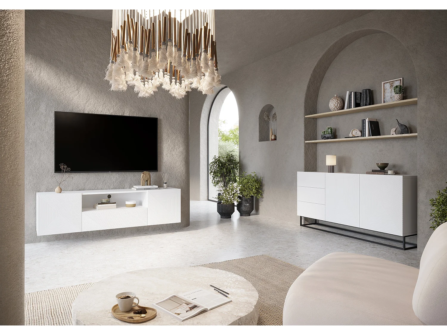 Móvel TV suspenso 2 portas 1 gaveta branca em madeira laminada 167x40cm