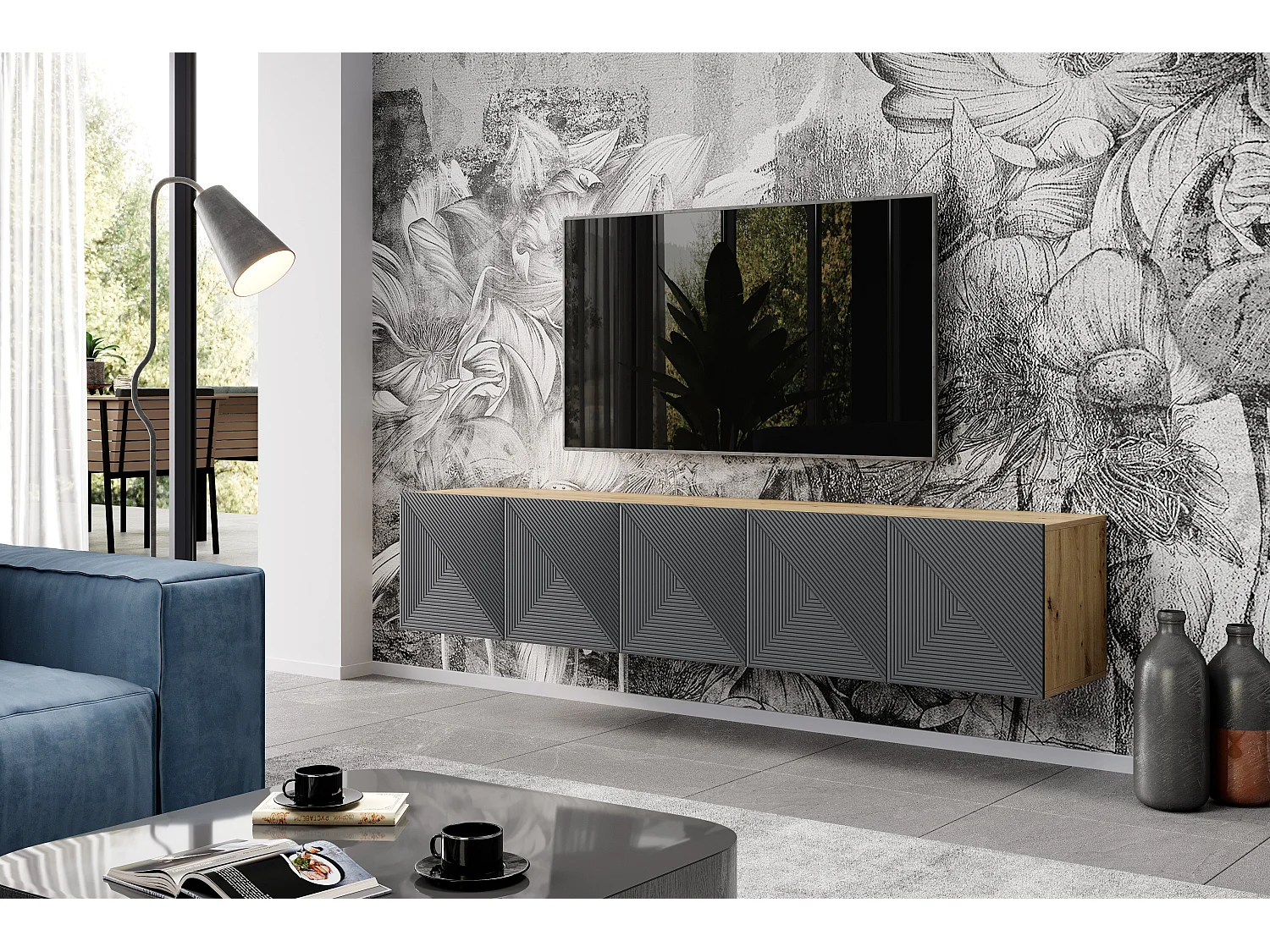 Mobile tv sospeso 5 ante in legno laminato 200x40 cm