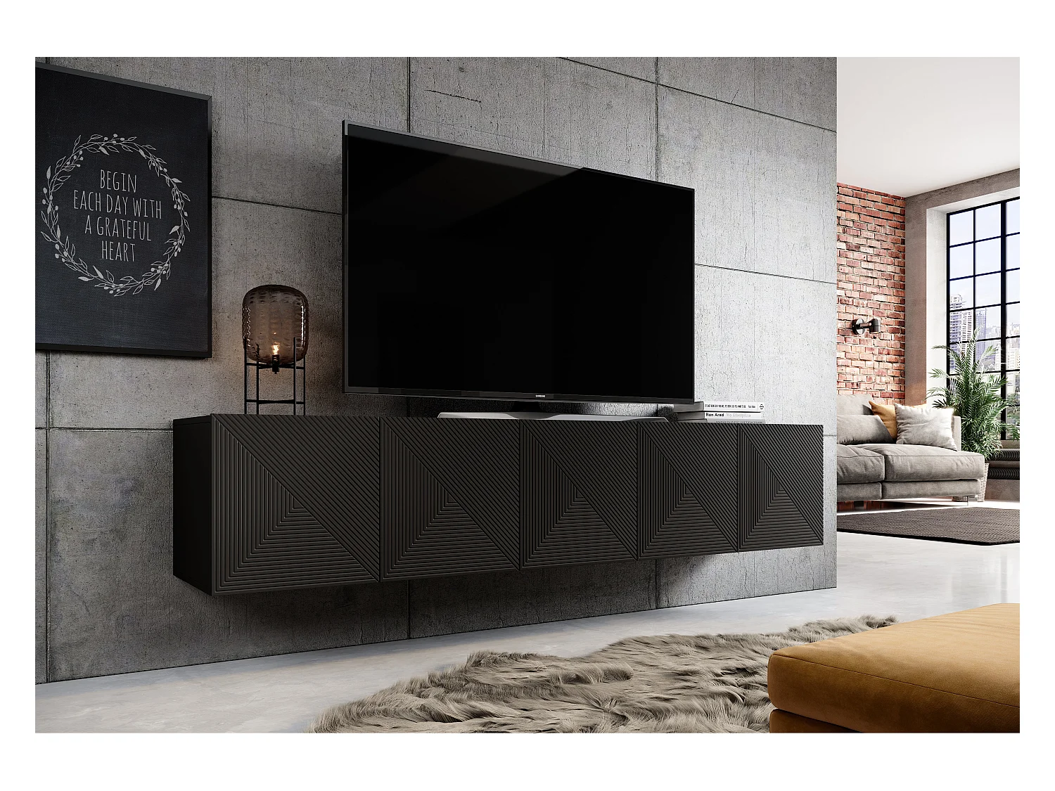 Hängender TV-Schrank mit 5 Türen aus schwarzem Schichtholz, 200 x 40 cm