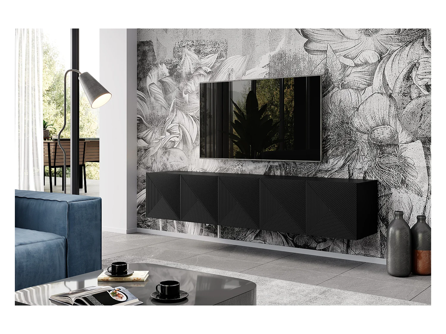 Hängender TV-Schrank mit 5 Türen aus schwarzem Schichtholz, 200 x 40 cm