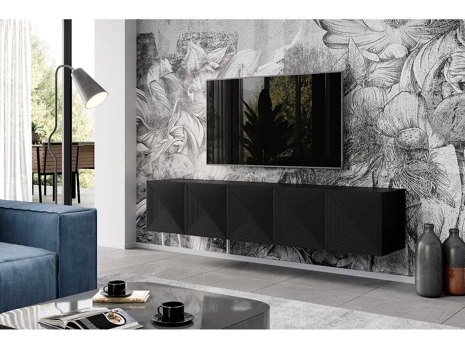 Meuble TV ophanging 5 portes in hout lamellé noir 200x40 cm