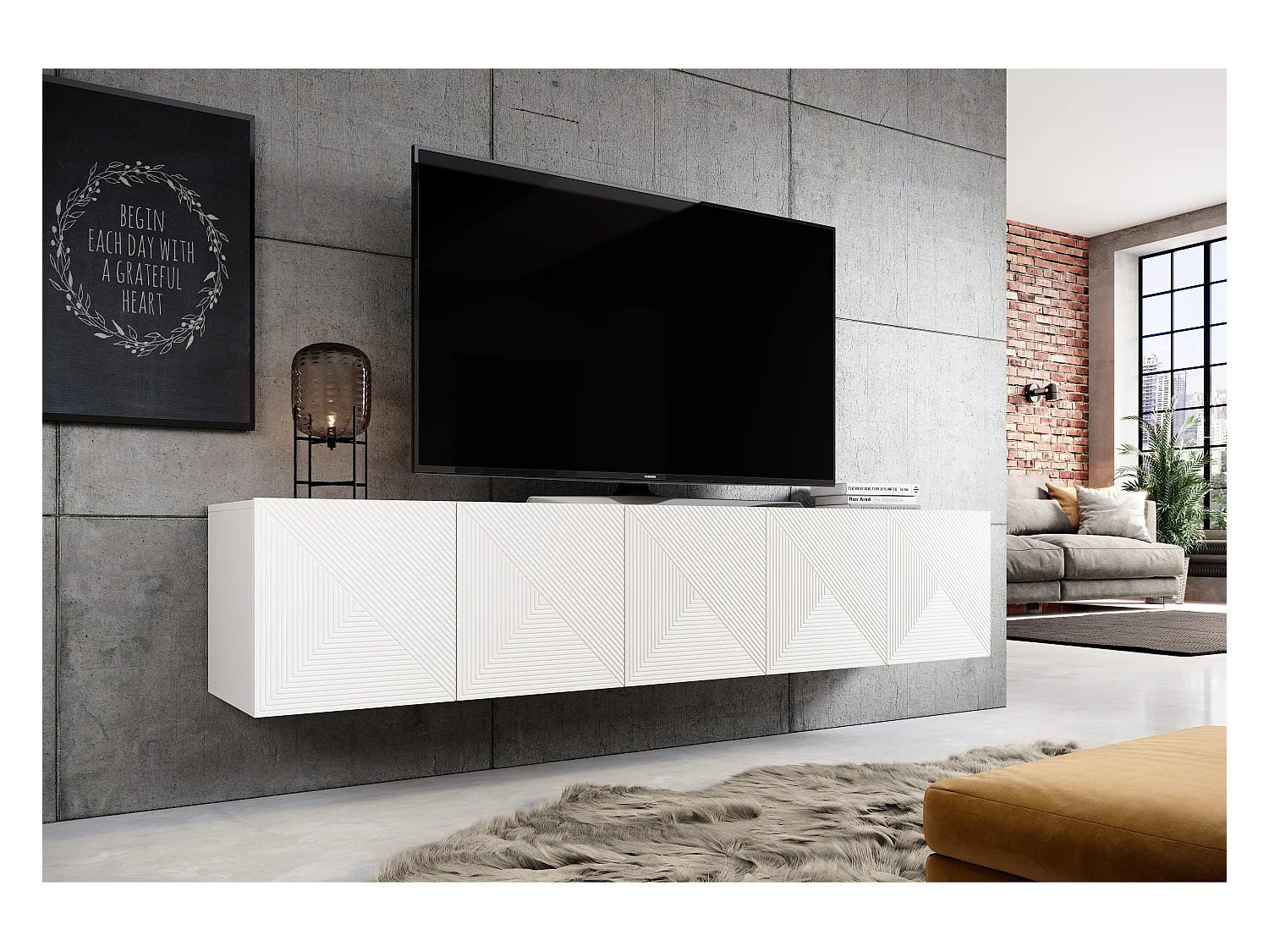 Meuble TV suspendu blanc 5 deuren in hout lamellen 200x40 cm