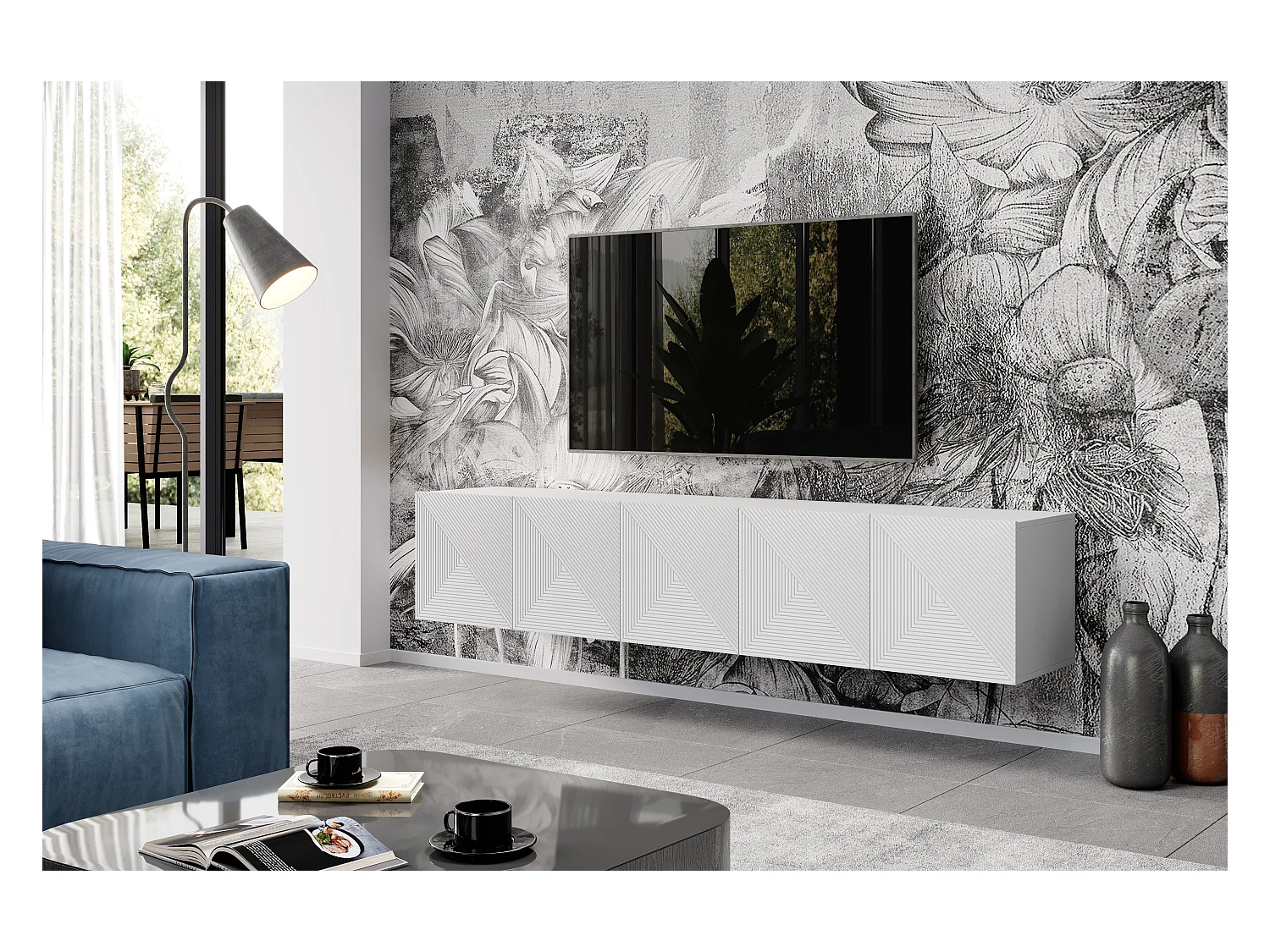 Meuble TV suspendu blanc 5 deuren in hout lamellen 200x40 cm