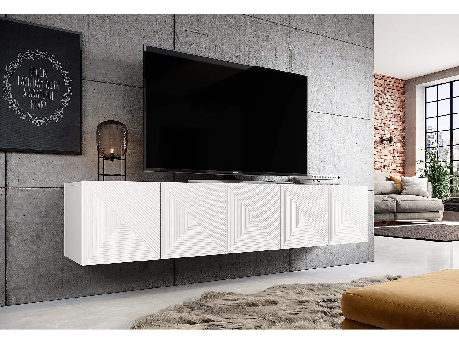 Mobile tv sospeso 5 ante bianco in legno laminato 200x40 cm